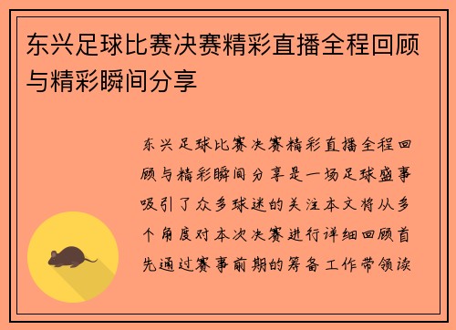 东兴足球比赛决赛精彩直播全程回顾与精彩瞬间分享