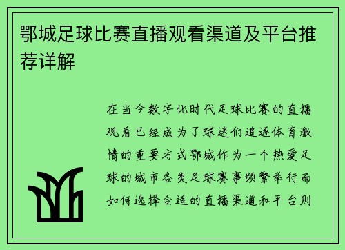 鄂城足球比赛直播观看渠道及平台推荐详解